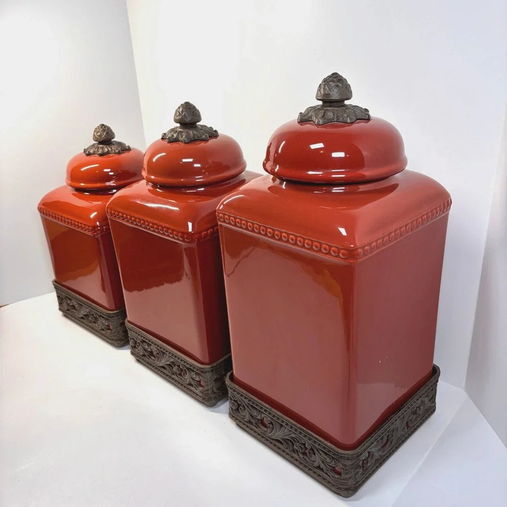 3 Piece Canister GG Collection Tuscan Red Scroll Metal Bases European Charm